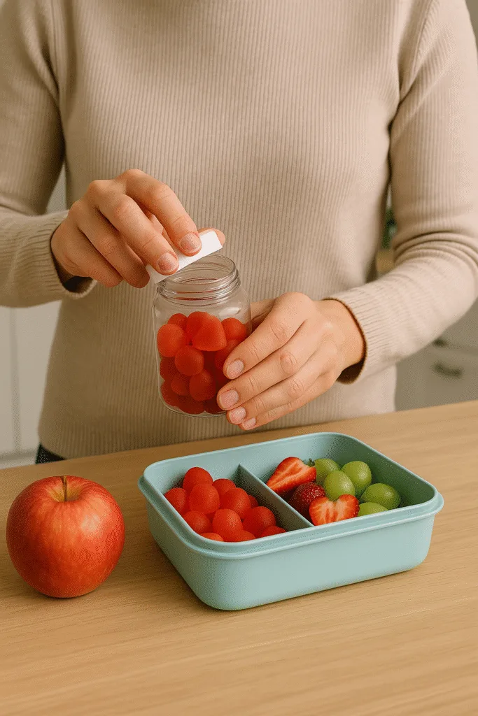 mom with protein gummies in lunchbox