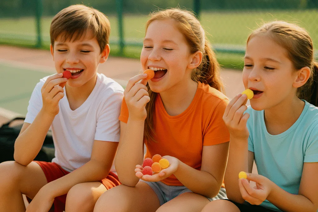 Children enjoying healthy protein gummies at school as a snack